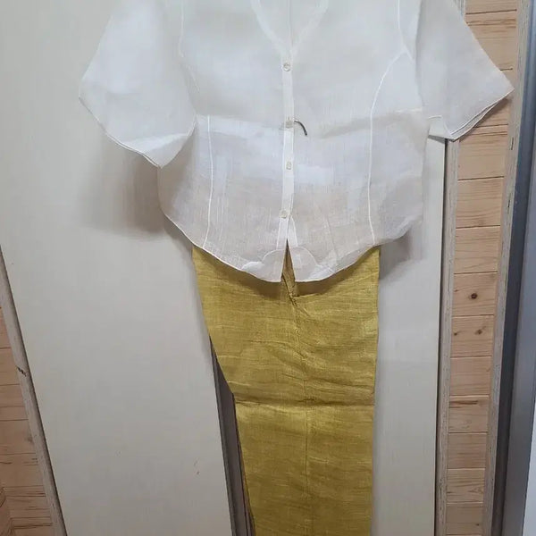 [BUNJANG] Korean Traditional Ramie Hanbok Set (White 7-Sleeve Top, Mustard 9-Sleeve Pants) / 국산마춤모시저고리 바지 세트 흰색7부/머스타드색9부