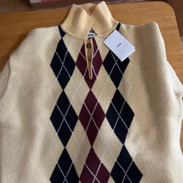 [BUNJANG] NOHANT Argyle Jacquard Crop Knit - Beige / 노앙 아가일 자카드 크롭니트-베이지 새상품