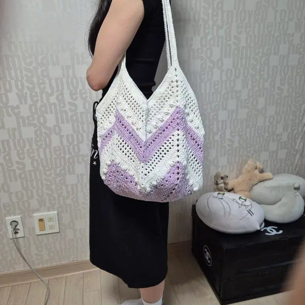 [BUNJANG] Handmade Crochet Shoulder Bag - Ivory/Purple, Large Capacity / 코바늘 핸드메이드 가방 백 아이보리 퍼플 대용량