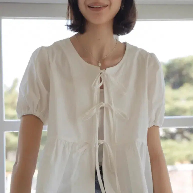 [BUNJANG] 틸아이다이 Front Ribbon Point Blouse - Ivory / 틸아이다이 Front ribbon point blouse_Ivory