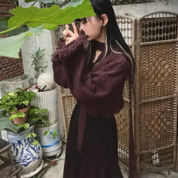 [BUNJANG] Cropped Cardigan and Muffler Set / 크롭 가디건 머플러 세트