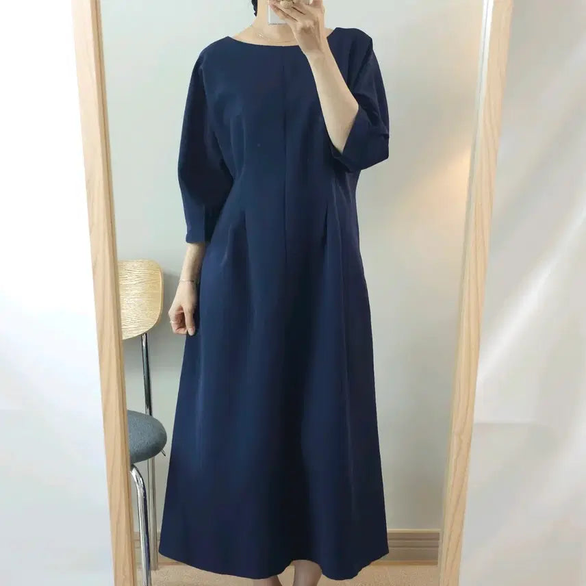 [BUNJANG] Sheekline Women's Navy Round Neck 7/10 Sleeve Dress / (XL)시크라인 여성 라운드넥 7부 원피스 네이비 하객룩 E9W4064