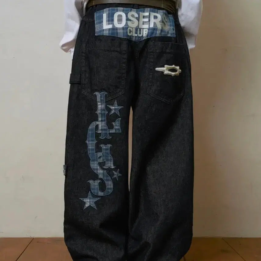 [BUNJANG] Losers Club Check Patch Wide Cotton Pants Indigo / 루저스클럽 체크 패치 와이드 코튼 팬츠 인디고