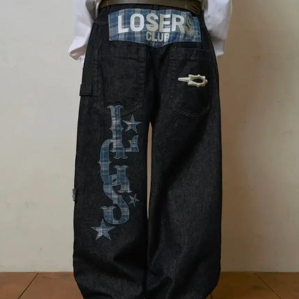 [BUNJANG] Losers Club Check Patch Wide Cotton Pants Indigo / 루저스클럽 체크 패치 와이드 코튼 팬츠 인디고