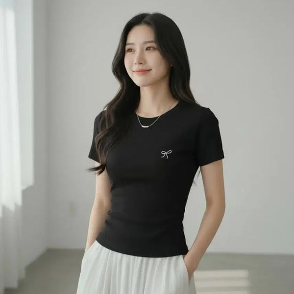 [BUNJANG] Black Ribbon Detail Short Sleeve T-Shirt / 블랙 리본 포인트 반팔 티셔츠