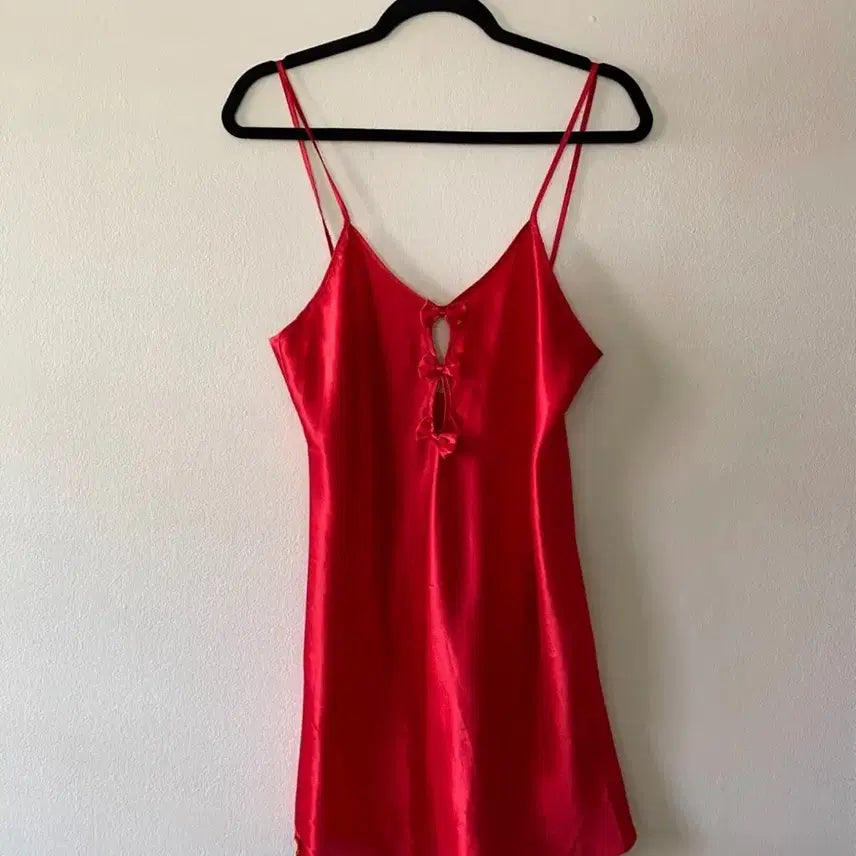 [BUNJANG] Satin Red Bustier Slip Dress with Ribbon Detail / 새틴 레드 슬립 드레스 뷔스티에 룩 리본