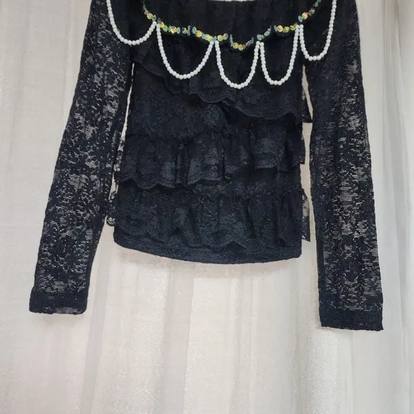 [BUNJANG] Blace Pearl Detail Off-Shoulder Long Sleeve Black / (미착용)블레이스 진주 장식 오프숄더