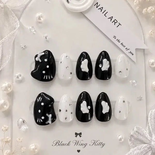 [BUNJANG] Handmade Nail Tips with Black Hello Kitty, Wings, and Cubic Embellishments / 블랙 헬로키티 윙 별 큐빅 수제네일팁