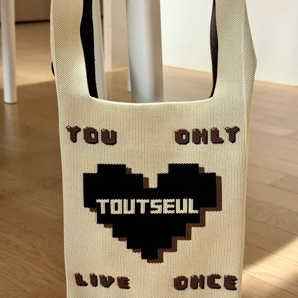 [BUNJANG] Knit Eco Bag - Ivory with Brown Heart / 이쁜 니트에코백(새제품)