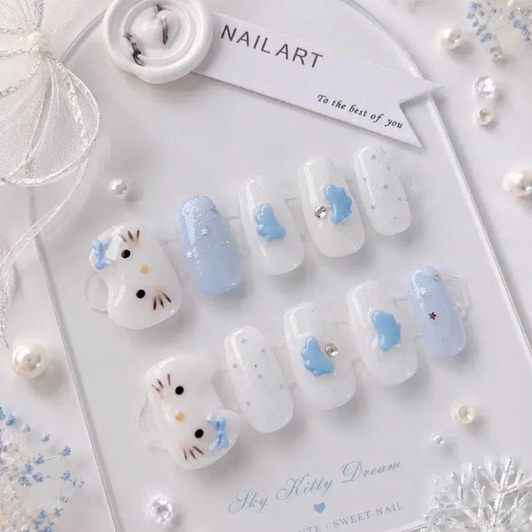 [BUNJANG] Handmade Kitty Blue Kitsch Nail Tips / 블루 키치 키티 수제네일팁