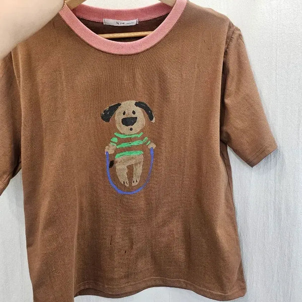 [BUNJANG] Brown Short-Sleeve T-Shirt with Dog Printing / 브라운 강아지 프린팅 반팔 티셔츠