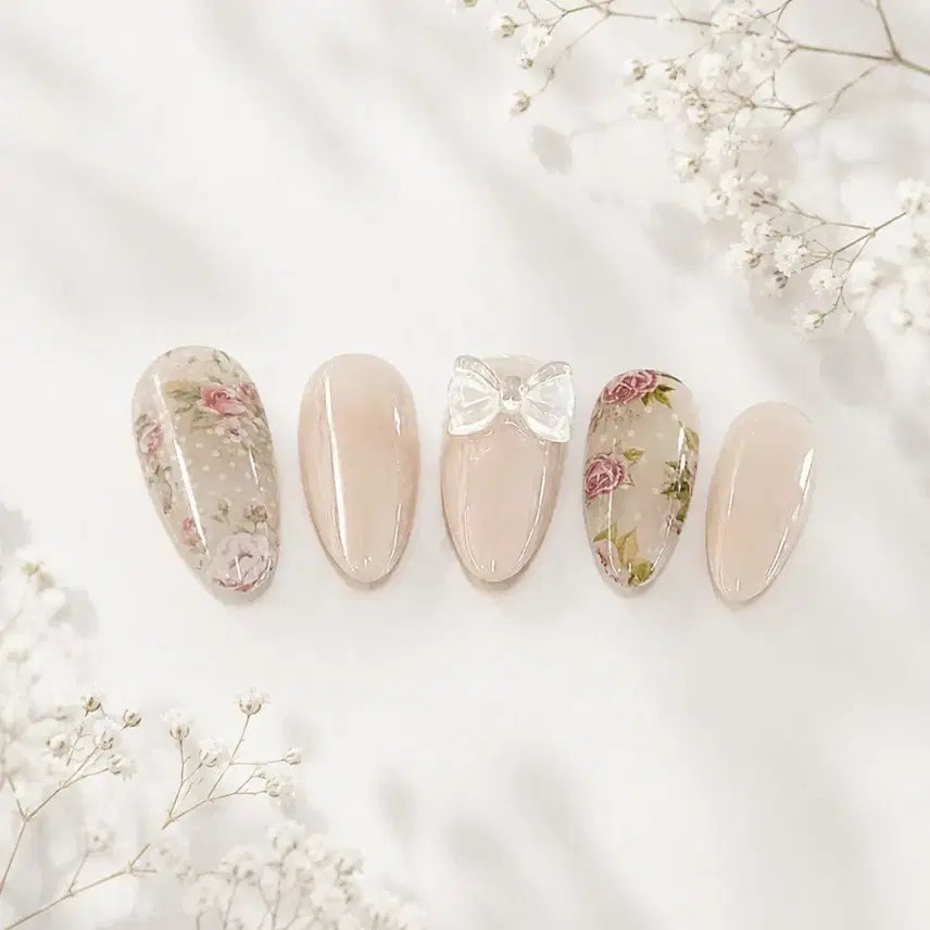 [BUNJANG] Handmade Nude Syrup Gradient Rose Pattern Ribbon Point Nail Tips / 월드컵기간할인) 수제 네일팁