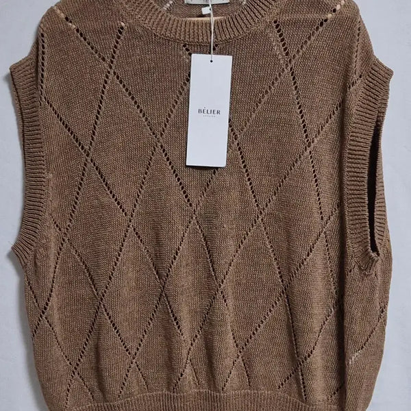 [BUNJANG] Vellie Brown Linen Blend 90% Perforated Knit Vest / 새상품) 오버핏 95) 벨리에 브라운 린넨90% 펀칭 니트 베스트