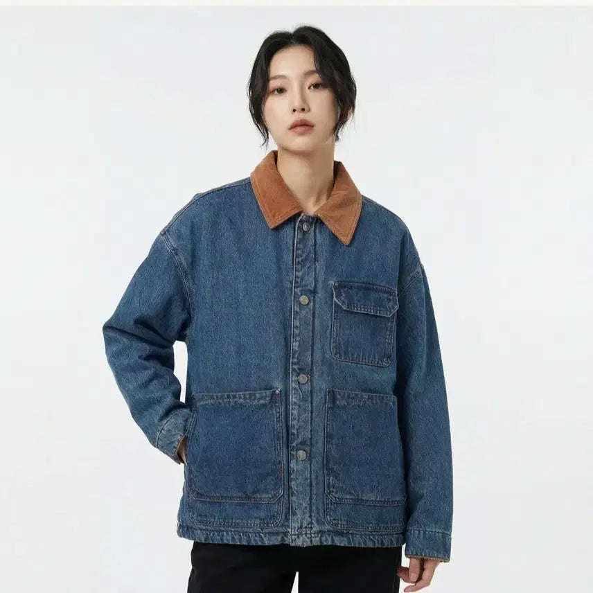 [BUNJANG] Studio Tomboy Khaki Corduroy Collar Padded Denim Jacket / 스튜디오 톰보이 청패딩자켓