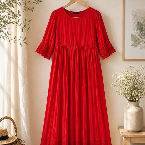 [BUNJANG] Designer Lace Point Linen-Cotton Blend Long Dress (Plus Size) / 미사용 디자인 롱 원피스 레이스 포인트 마/면 혼방 88~99빅사이즈