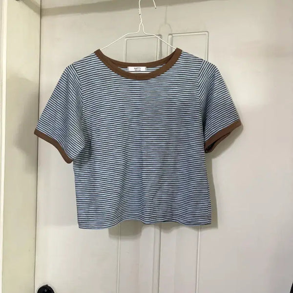 [BUNJANG] Brown & Blue Striped Cropped T-Shirt / 브라운 소라 줄무늬 크롭티