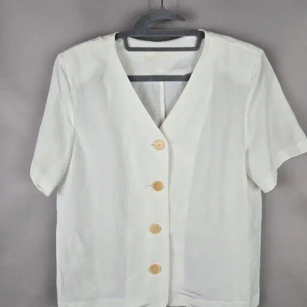 [BUNJANG] Recipe F Women's Linen-Feel Collarless Short-Sleeve Jacket / [무료배송]레시피 F 여성 루즈핏 린넨 느낌 노카라 얇은 반팔 자켓