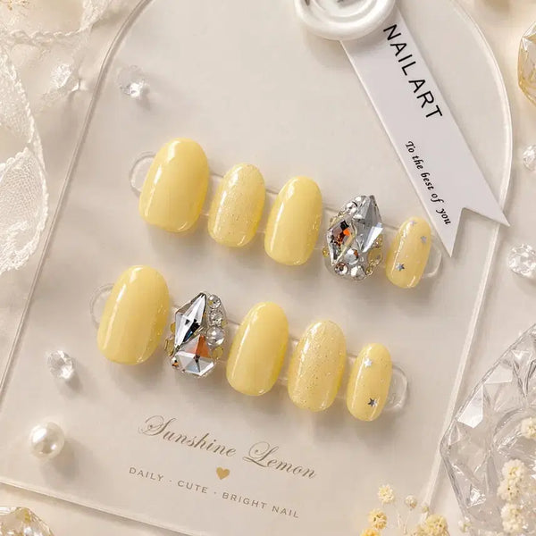 [BUNJANG] Butter Yellow Full Stone Handmade Nail Tips / 버터옐로우 풀스톤 수제네일팁