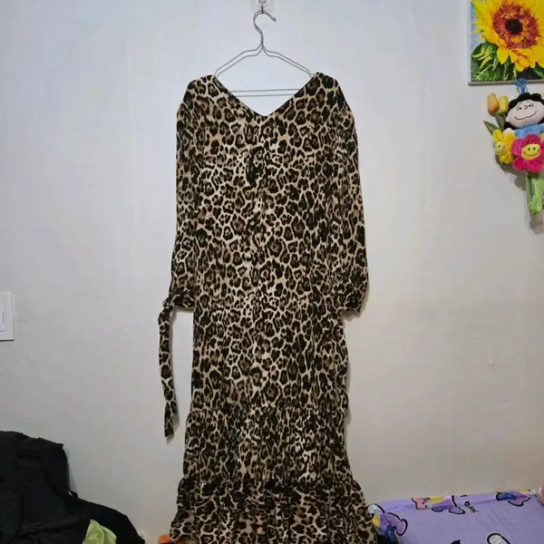 [BUNJANG] Stylenanda Leopard V-Neck Frill Maxi Dress / 스타일난다 레오파드 브이넥 프릴 롱 원피스 호피무늬 언발란스 맥시 ops