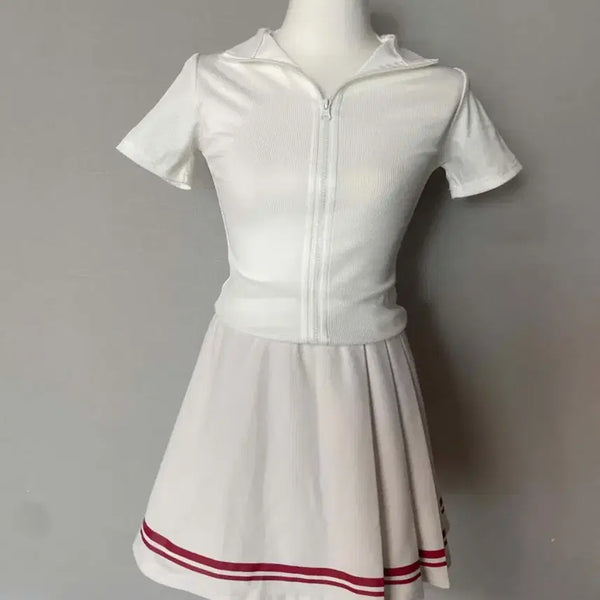 [BUNJANG] White Short Sleeve Collar Zip-Up Top & Flare Skirt Set / 흰색 반팔 카라 집업 상의 + 플레어 스커트 세트