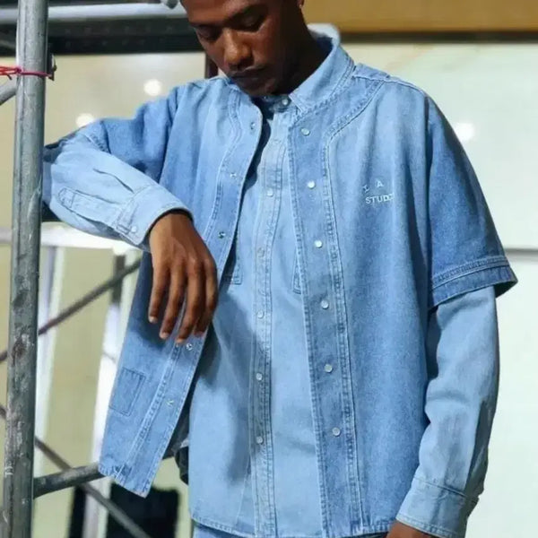 [BUNJANG] IAPP STUDIO Two-Tone Denim Baseball Jersey Blue 2XL / 아이앱스튜디오 데님 베이스볼 저지 블루 2XL(110)