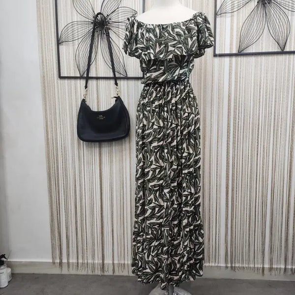 [BUNJANG] 8pm Green Pattern Off-Shoulder Dress / 8pm 오픈숄더 초록 패턴 원피스 free