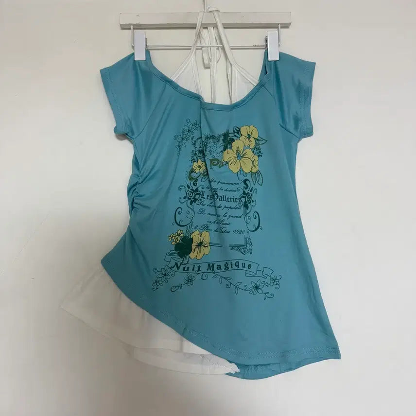 [BUNJANG] Women's Halterneck Layered Sleeveless Off-Shoulder Short-Sleeve Top (Blue) / 새상품 여자 홀터넥 레이어드 나시 오프숄더 반팔 (블루)