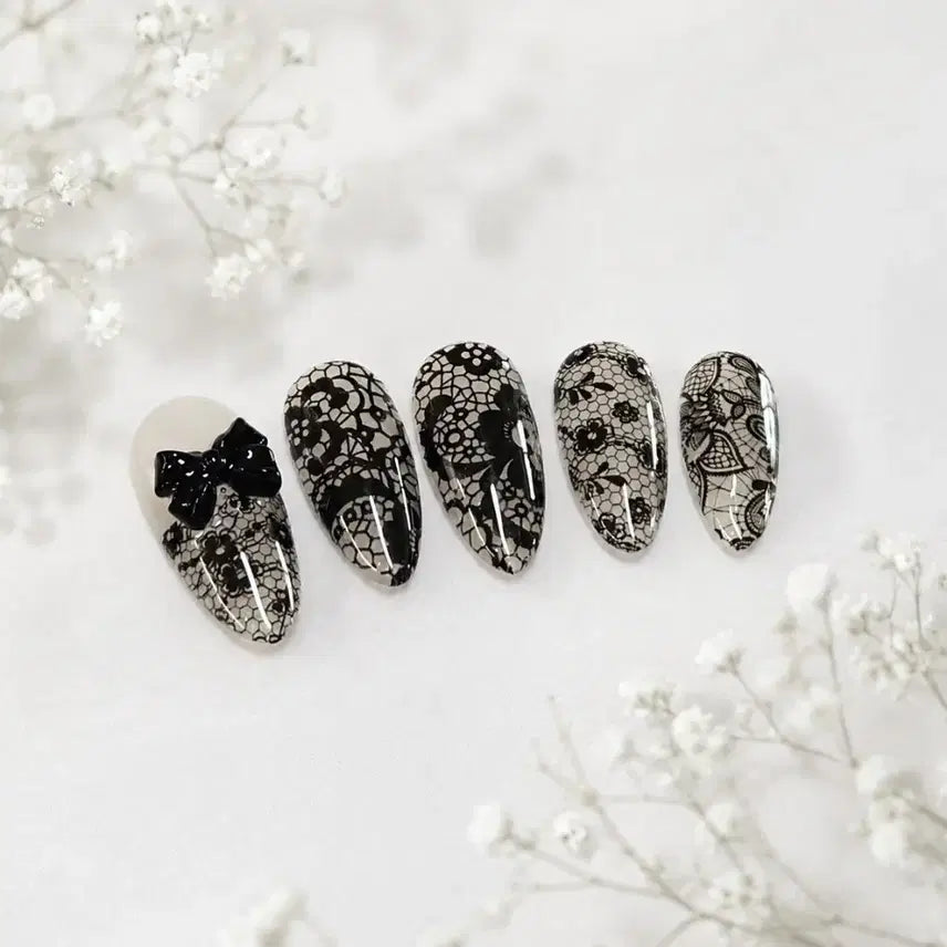 [BUNJANG] Handmade Black Lace Nail Tips with Ribbon Charm / 블랙 레이스 수제 네일팁