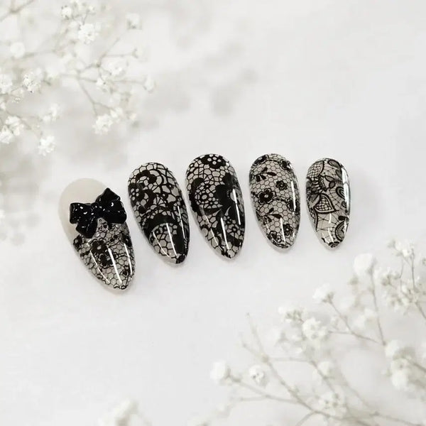 [BUNJANG] Handmade Black Lace Nail Tips with Ribbon Charm / 블랙 레이스 수제 네일팁