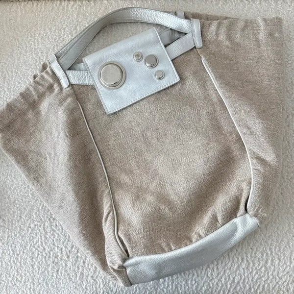 [BUNJANG] Gustto Women's Shoulder Bag Beige/Silver Linen + Leather Combination / Gustto 여성 숄더백 베이지/실버 린넨+가죽 콤비
