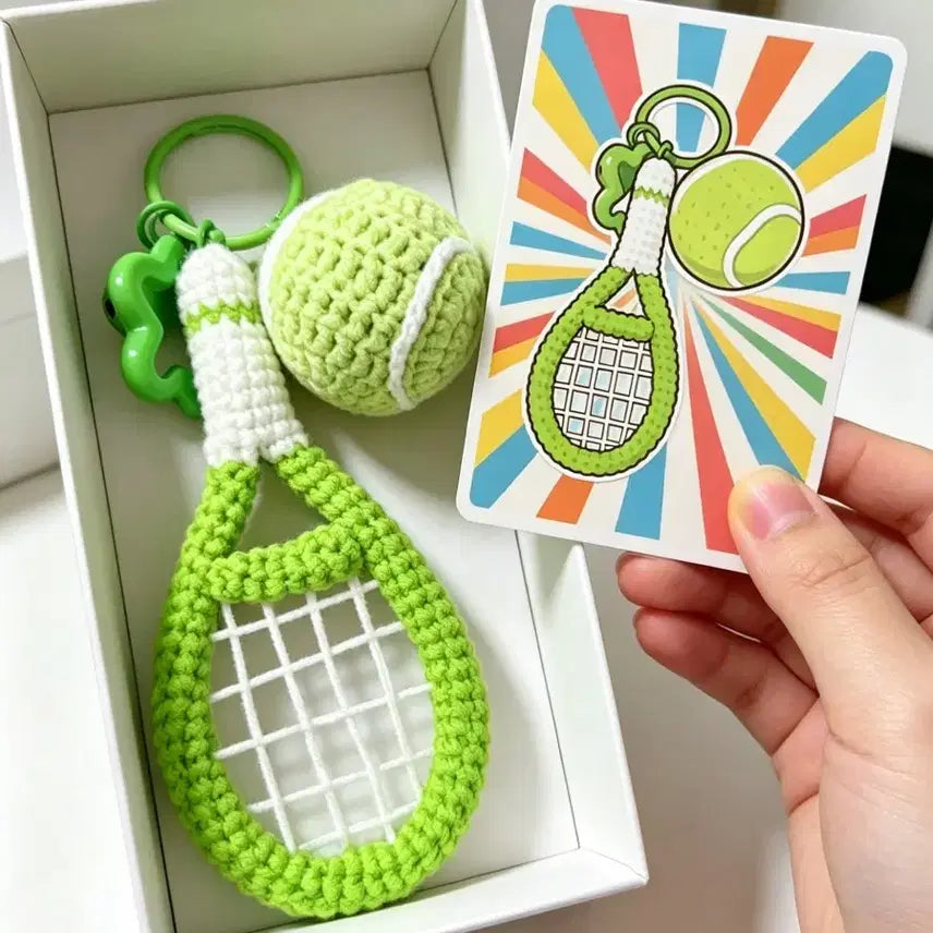 [BUNJANG] Hand-Knitted Tennis Racket and Ball Set Keychain Bag Charm / 손뜨개 테니스 라켓+공 세트 뜨개 키링 가방고리 핸드메이드