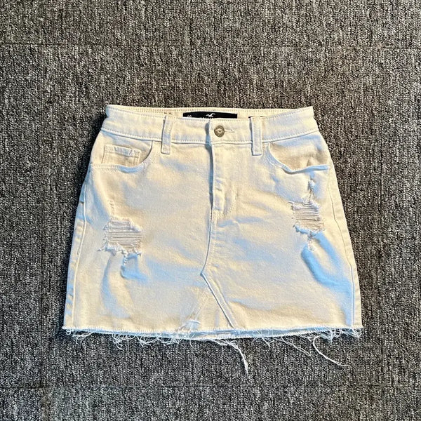 [BUNJANG] Hollister White Distressed Denim Mini Skirt / 홀리스터 화이트 데미지 데님 미니스커트