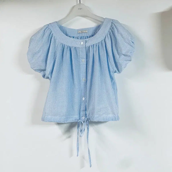 [BUNJANG] Blue Striped Puff Sleeve Blouse with Adjustable Hem / 스트라이프 탑