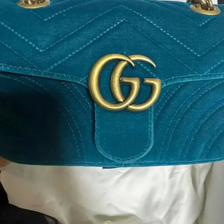 [BUNJANG] Gucci Matelassé Velvet Mini Shoulder Bag Petrol Blue / 구찌 마틀라세 숄더백 벨벳 미니 페트롤 블루