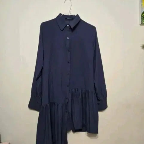 [BUNJANG] Byebyesub Asymmetrical Hem Shirt Dress Navy Beige Set / 바이바이섭 셔츠 원피스 네이비 베이지 2개 기장 언발란스 ops 레이어드