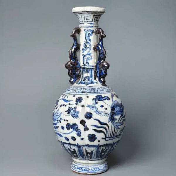 [BUNJANG] Daemyeong Seondeok Period Blue-and-White Twin Dragon Vase Chinese Ceramic Antique / 대명선덕년제 청화 어조문 쌍룡이 병 중국도자기 골동품 고미술품 수집품