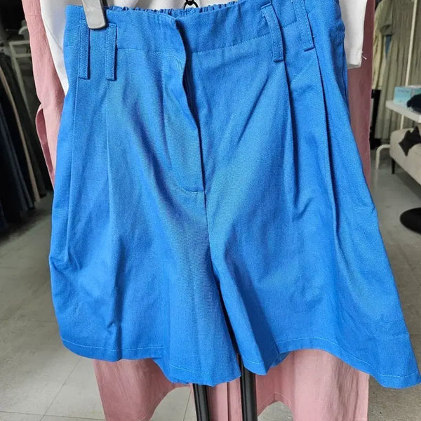 [BUNJANG] Women's Summer Pleated Wide Shorts - Blue / 여성 여름 핀턱 와이드 반바지 파랑색