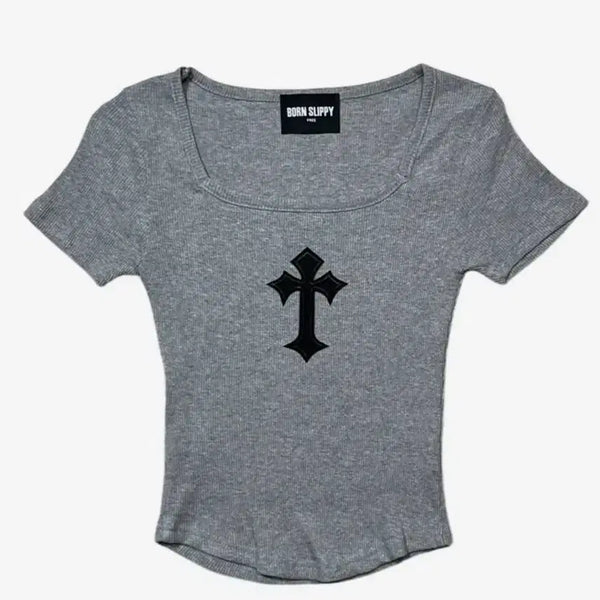 [BUNJANG] Bonsleepy Cross Square Neck T-shirt (Gray) / 본슬리피 Cross Square Neck T-shirt (Gray)