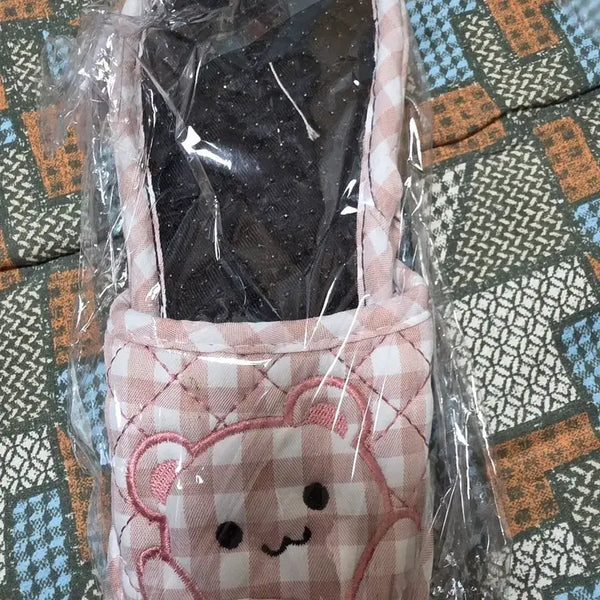 [BUNJANG] Pink Bear Checkered Slippers / 곰돌이 체크무늬 실내화 핑크