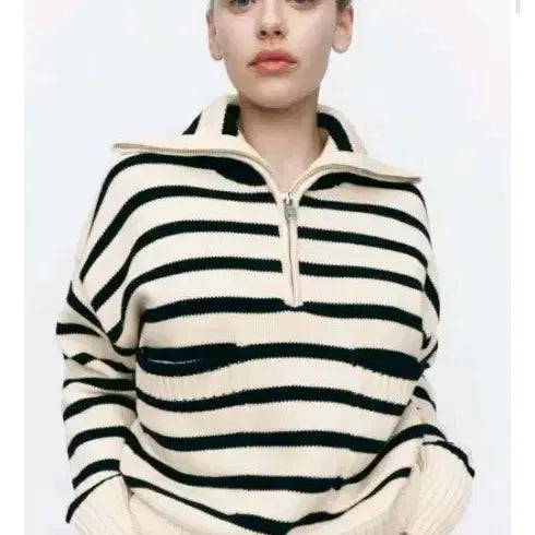 [BUNJANG] ZARA Striped Half-Zip Turtle Neck Knit Sweater (Ivory) / 자라 zara 스트라이프 터틀넥 하프 집업 단가라 니트 아이보리 스웨터