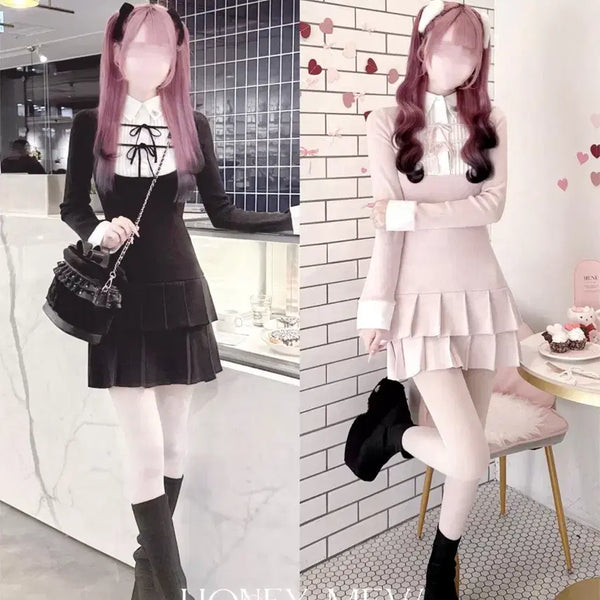 [BUNJANG] Honey Mew Ribbon Blouse Docking Dress (Pink) / Honey mew 허니뮤 리본 블라우스 도킹 원피스(핑크)