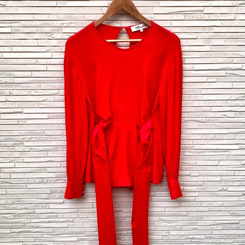 [BUNJANG] Diane von Furstenberg Draped Tie Blouse Red Viscose-Elastane Blend Size 00 (44-55) / DVF 다이앤 본 퍼스텐버그 드레이프 타이 블라우스