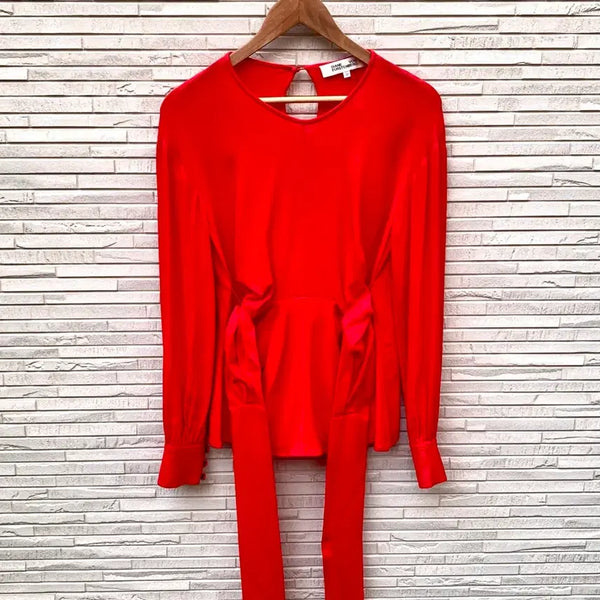 [BUNJANG] Diane von Furstenberg Draped Tie Blouse Red Viscose-Elastane Blend Size 00 (44-55) / DVF 다이앤 본 퍼스텐버그 드레이프 타이 블라우스