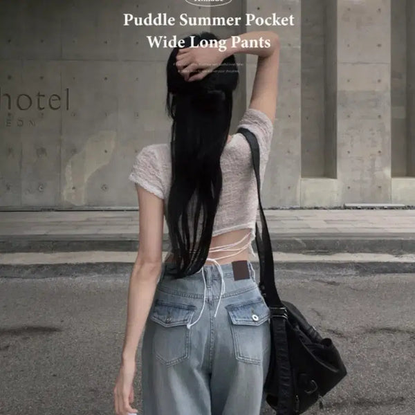 [BUNJANG] HINIQUE Summer Wide Long Pants (Light Blue, M) / 히니크 썸머 와이드 롱 팬츠 연청 m 기장추가