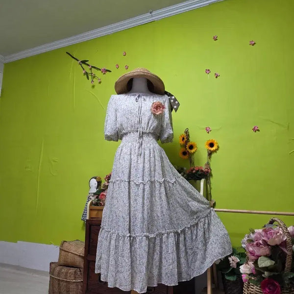[BUNJANG] Chiffon Floral Print Long Dress with Ruffle Sleeves and Neck Ribbon / 데이트룩  / 넥리본끈  / 벌륜소매 / 캉캉치마/ 잔꽃무늬 쉬폰 롱원피