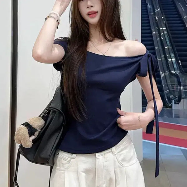 [BUNJANG] Off-Shoulder Ribbed Short-Sleeve Knit Navy / 오프숄더 리본 반팔 니트 네이비