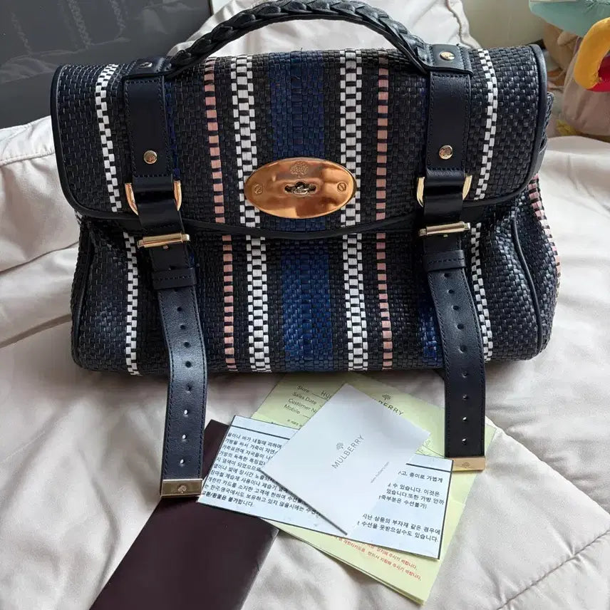 [BUNJANG] Mulberry Alexa Navy Raffia Fabric Tote Bag / 멀버리 알렉사 네이비 라피아 (영수증O) 패브릭 토트백