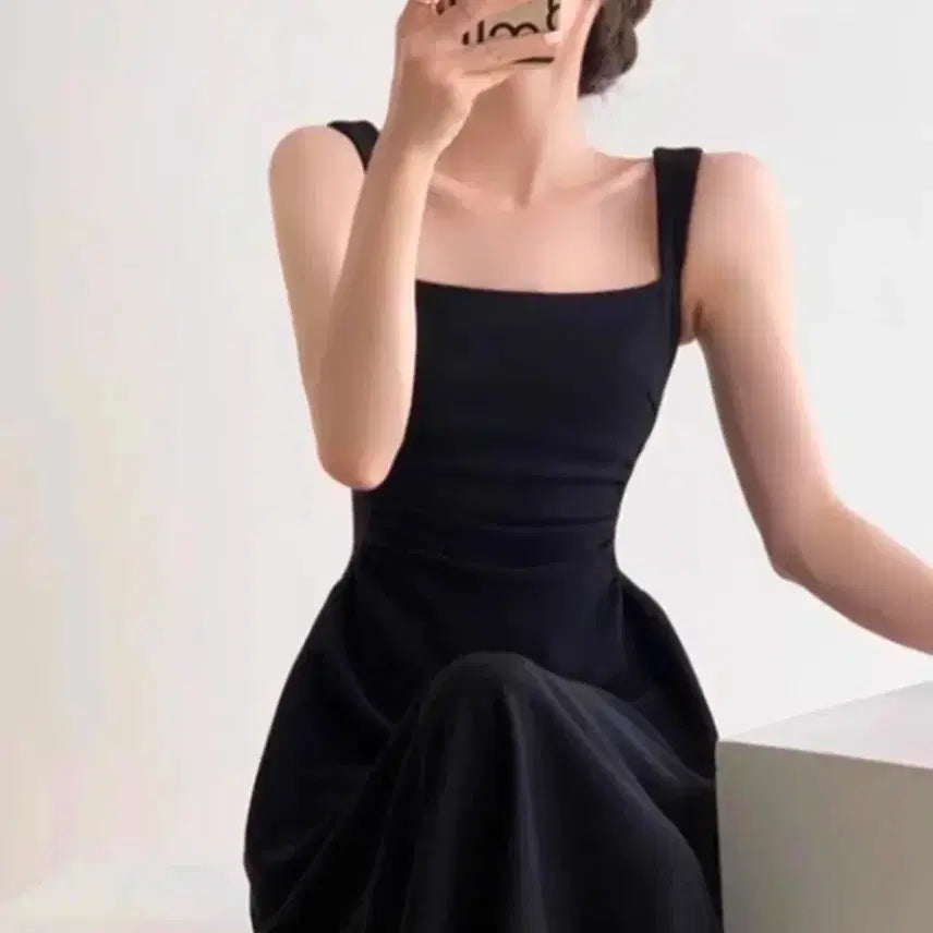 [BUNJANG] 55 Size Black Square Neck Shirred Dress / (쌔옷) 55사이즈 셀프웨딩 드레스 블랙 스퀘어넥 셔링 원피스