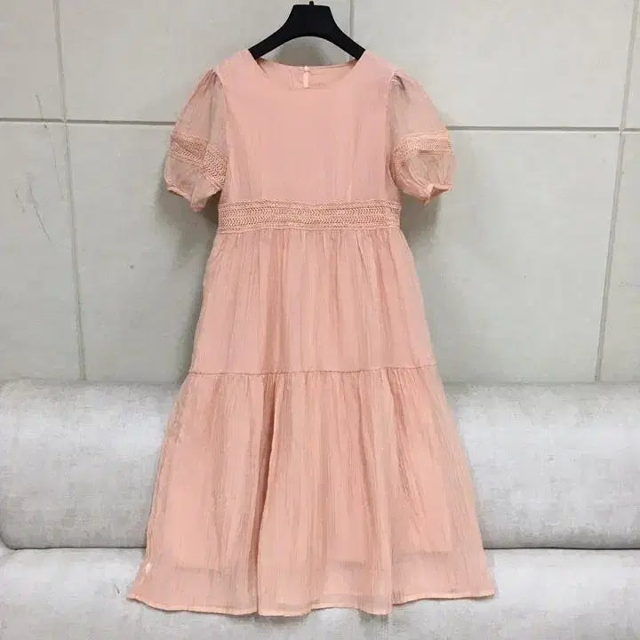 [BUNJANG] Pink Lace Puff Sleeve Long Dress / 핑크색 레이스 퍼프소매 롱원피스