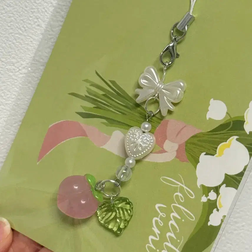 [BUNJANG] Heart Pink Peach Bead Keychain with Butterfly Charm / (선물포장) 하트 핑크 복숭아 비즈키링